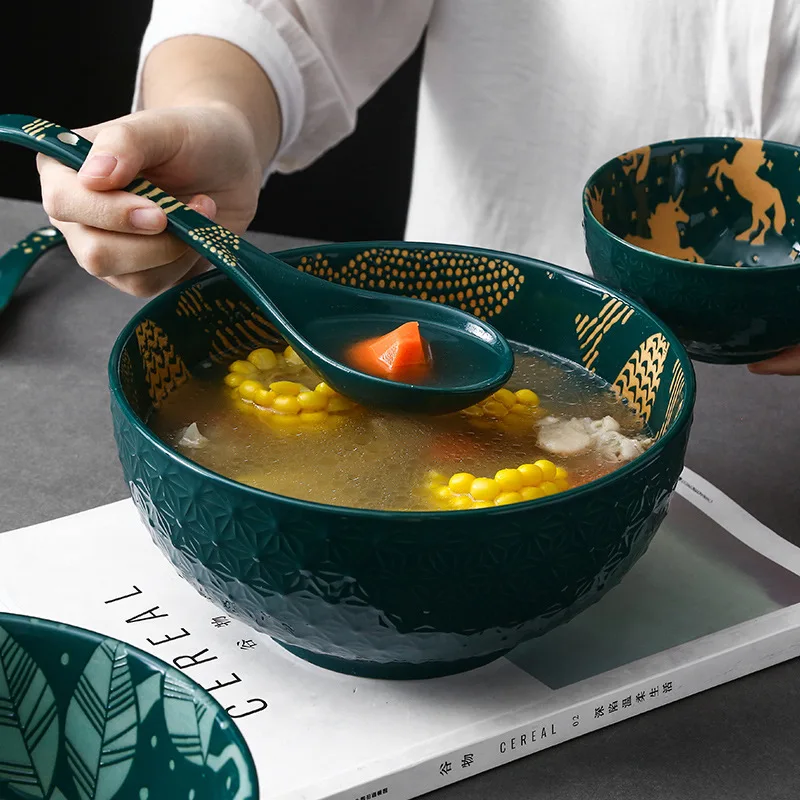 

Japanese 8-inch relief soup bowl dark green underglaze ceramic ramen bowl kitchen accessories