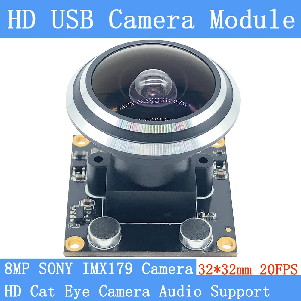 

8MP Fisheye Wide View Angle 170degree 4K Sony IMX179 Webcam UVC MJPEG Plug Play USB Camera Module Support Audio Linux Windows