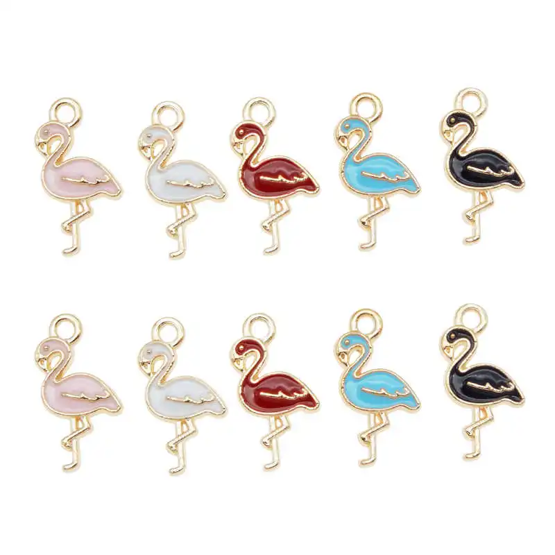 Julie Wang 10PCS Enamel Flamingo Charms Mixed 5 Colors Small Bird Animal Pendants Alloy Jewelry Making Accessory