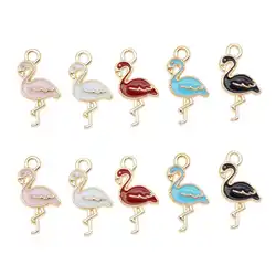 Julie Wang 10PCS Enamel Flamingo Charms Mixed 5 Colors Small Bird Animal Pendants Alloy Jewelry Making Accessory