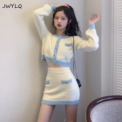 Korean Sweet Hit Color O-neck Single-breasted Cropped Sweater+skirt Womens Two Peice Sets Autumn Sexy Streetwear Loose Sweaters