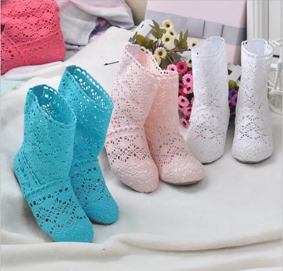 spring and autumn knitted hollow boots flat bottom mesh high / low tube breathable fashion lace boots women's shoes