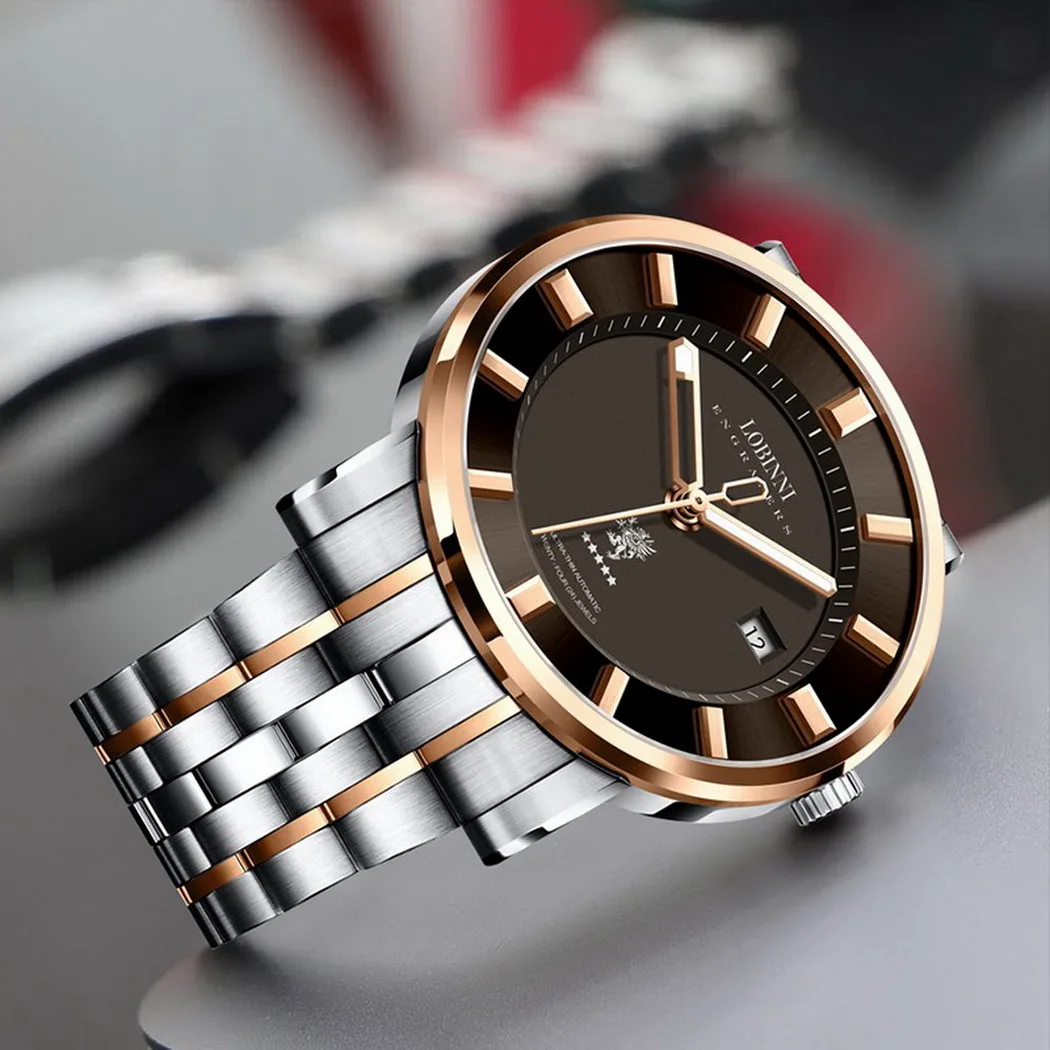 LOBINNI Orologio automatico da uomo 42 mm Orologio da polso meccanico 5ATM Cinturino in acciaio zaffiro luminoso impermeabile