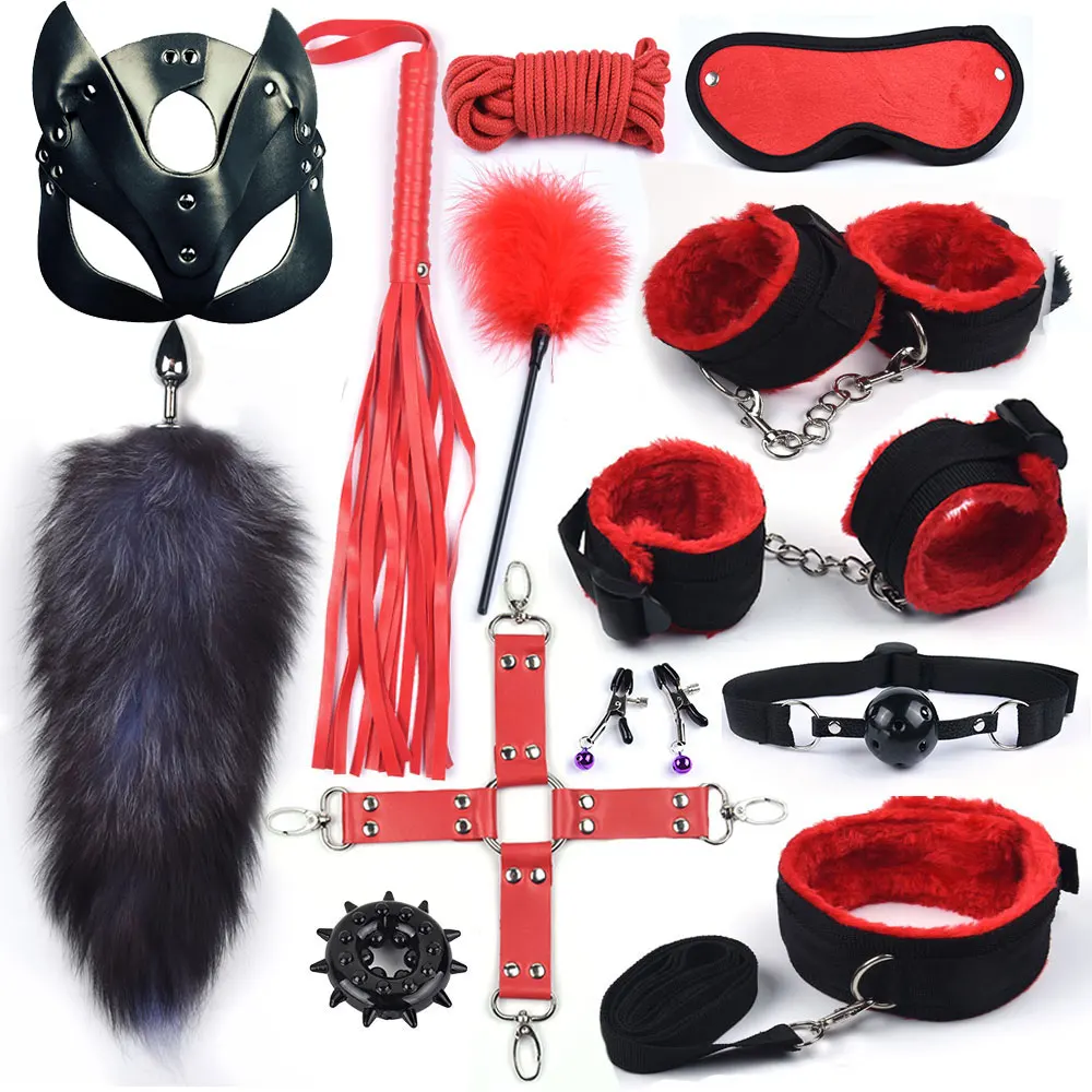 40CM Fox Tail Anal Plug Bondage Set Sex Toys For Women Whip Handcuffs For Sex Bdsm Exotic Adult Games