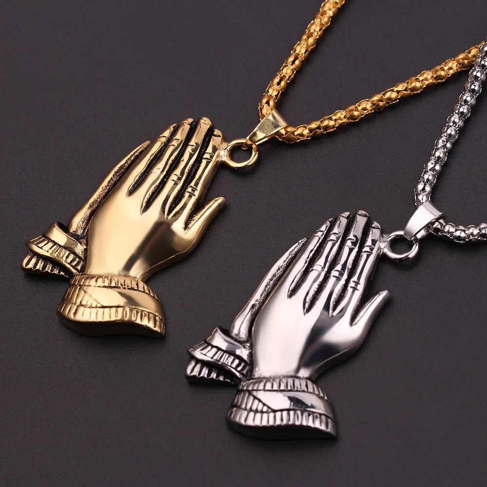 New Trendy Praying Hands Pendant Necklace Men\'s Necklace Fashion Metal Religious Amulet Pendant Accessories Party Jewelry