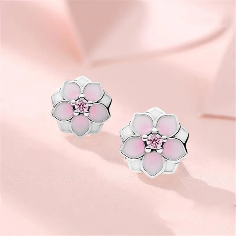 New Beautiful Magnolia Flower 925 Sterling Silver Jewelry Fashion Lover Birthday Gift Pink Crystal Popular Stud Earrings E042