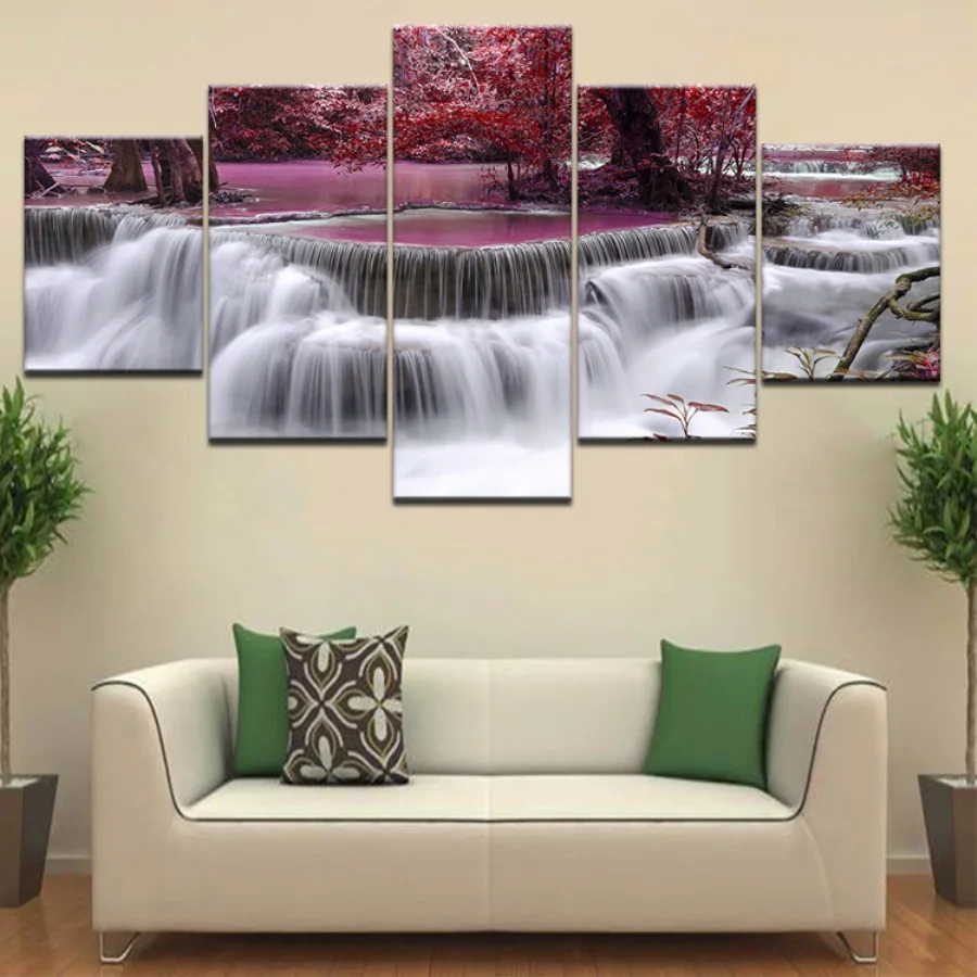 

5 Panel Landscape Valley Waterfall Wall Art Canvas Posters Pictures HD Paintings Home Decor Accessories Living Room Decoration