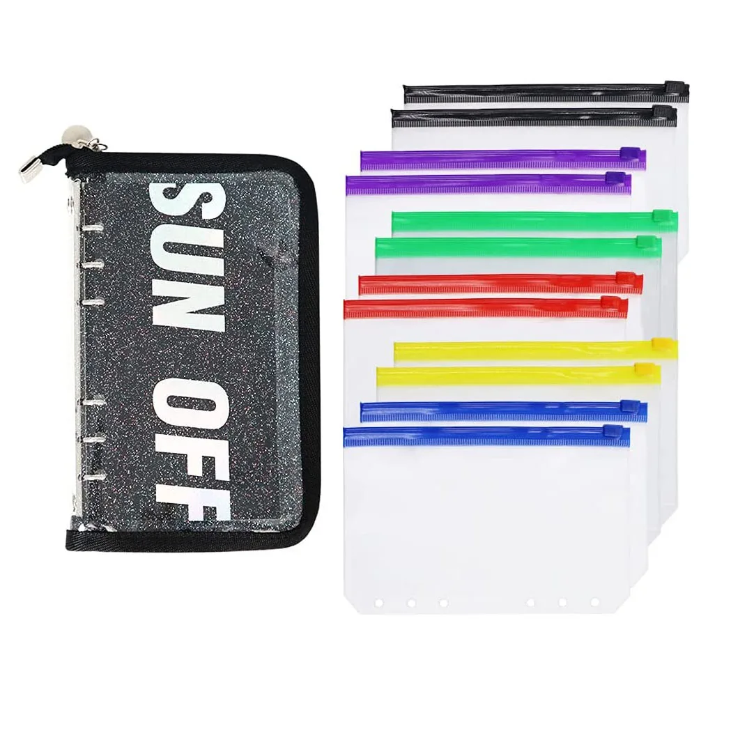 A6 Binder PVC Notebook Cover 6-Ring Binder Budget Envelopes System Planner Organizer with 12 Colorful Clear Zipper Pockets