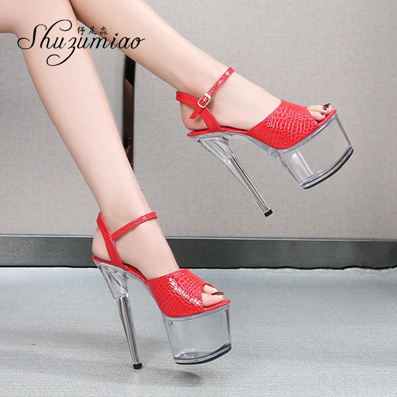 Shuzumiao Women Shoes Thin Heels Buckle Strap Sandals Waterproof Platform 2020 New Crystal High Heels 16.5cm Model Catwalk Shoes