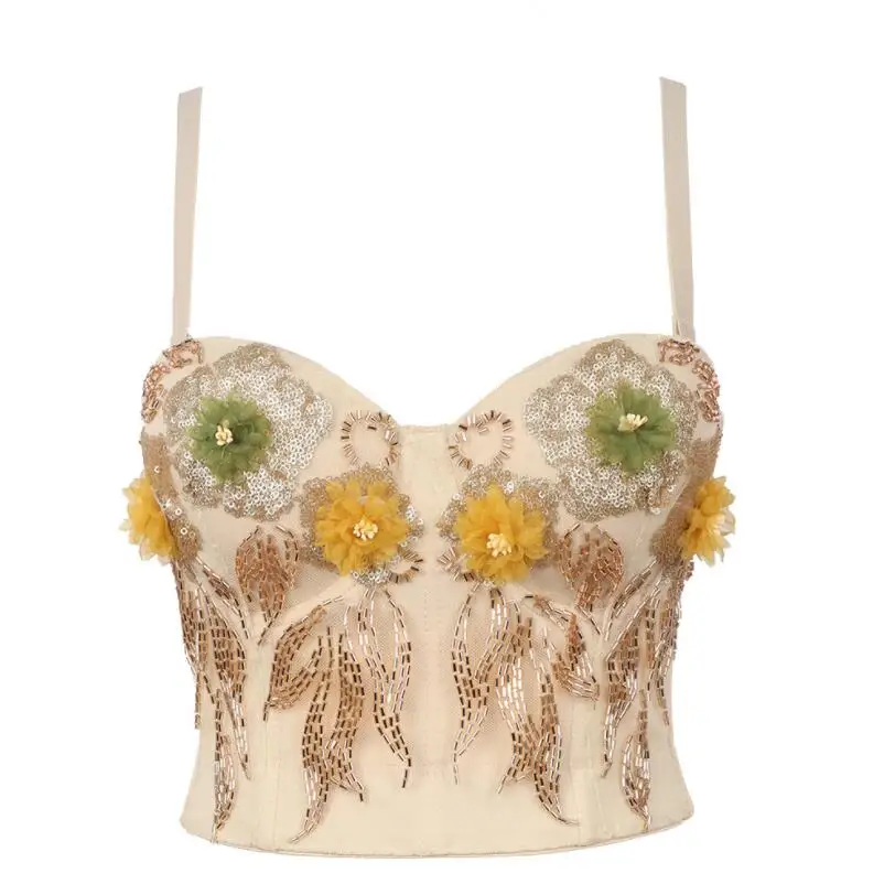 

Cropped Sexy Slim Sequins Flower Embroidery Bra Corset Women 2022 Flower Crop Top To Wear Out Nightclub Ropa Mujer Camis p903