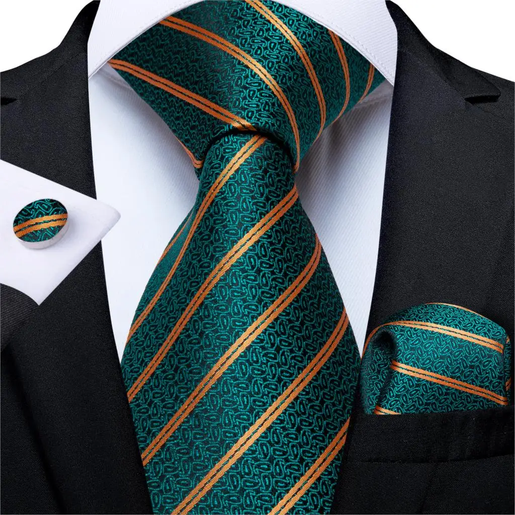 

Men Tie Teal Green Gold Striped Quality Wedding Tie For Men Hanky Cufflink Silk Tie Set DiBanGu Novelty Design Business MJ-7315