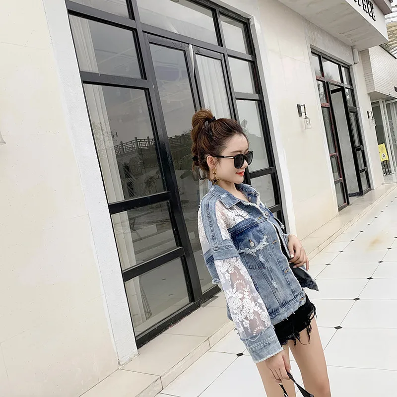 Oversized Embroidered Gauze Eyelet Denim Jacket Women's Coat Loose Lace Stitching Perspective top Jacket Ladies denim coat sexy