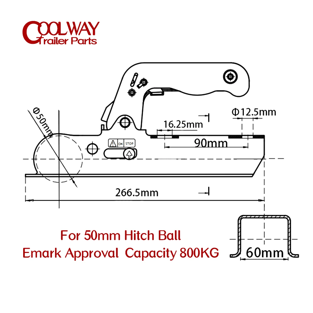 Emark Approval EU Style Trailer Coupler For 50mm Hitch Ball Square 60mm Channel RV Parts Camper Accessories Caravan Components