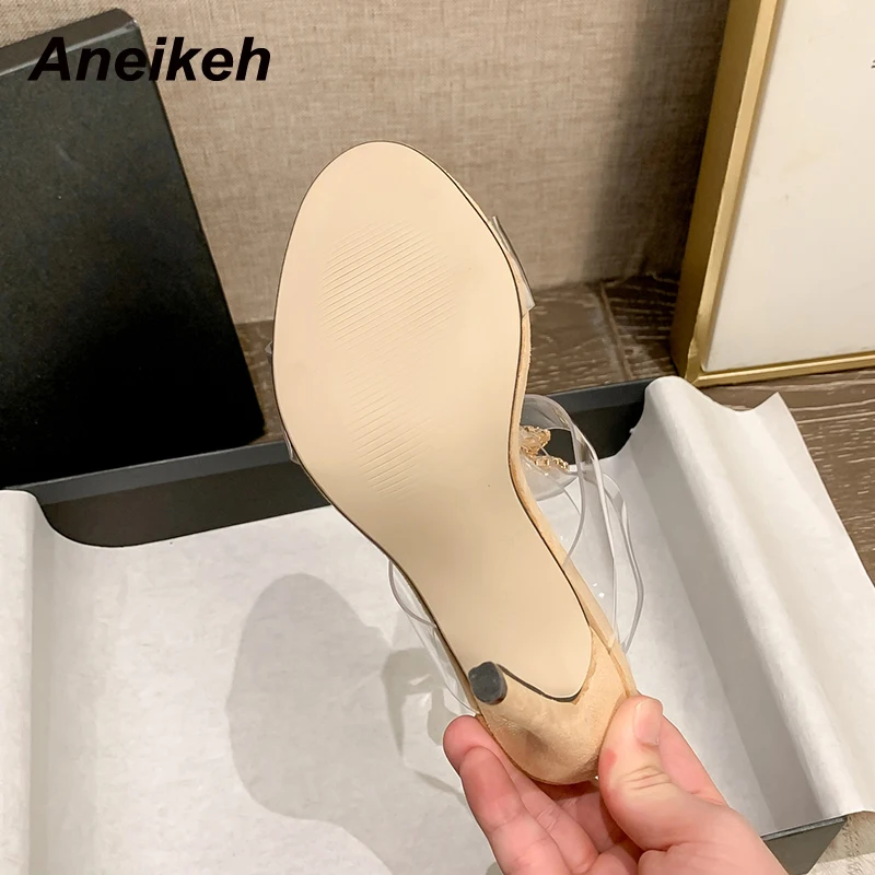 Aneikeh 2024 Sweet Style Rhinestone Decoration Pointed Toe Thin High Heel Women Party Shoe Fashion PVC Ankle Buckle Strap Sandal