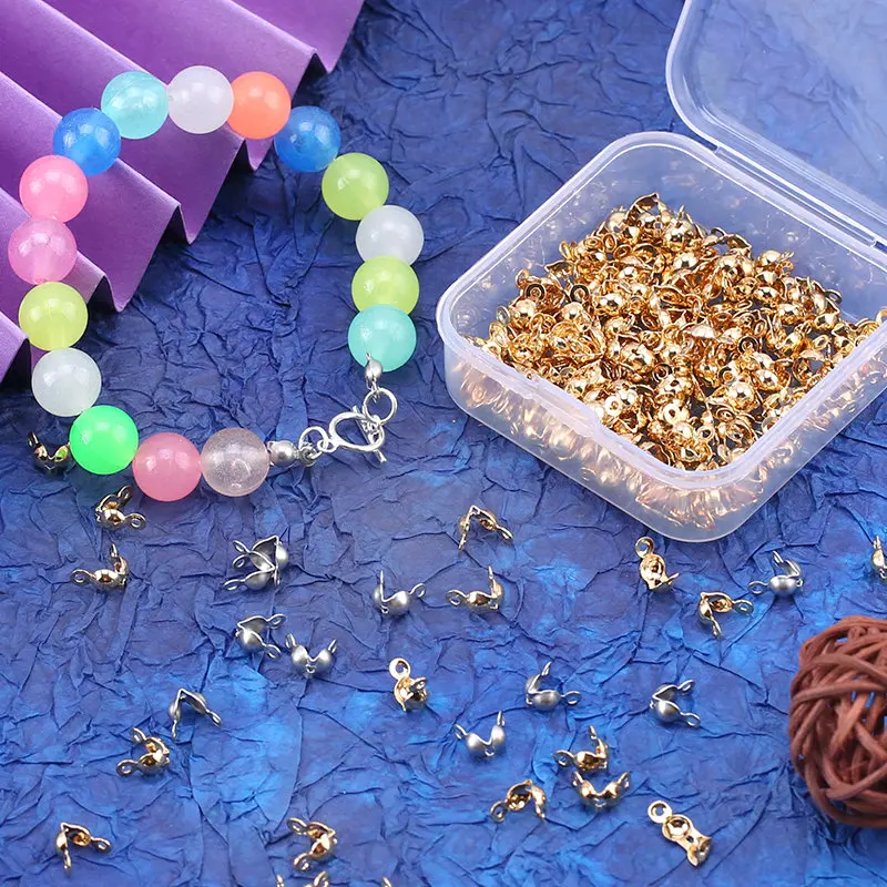 100PCS/Box Stainless Steel Clamshell Bead Tips Knot Covers,Gold Plated Thread Clip Buckles Accessories For Jewelry Bracelet DIY