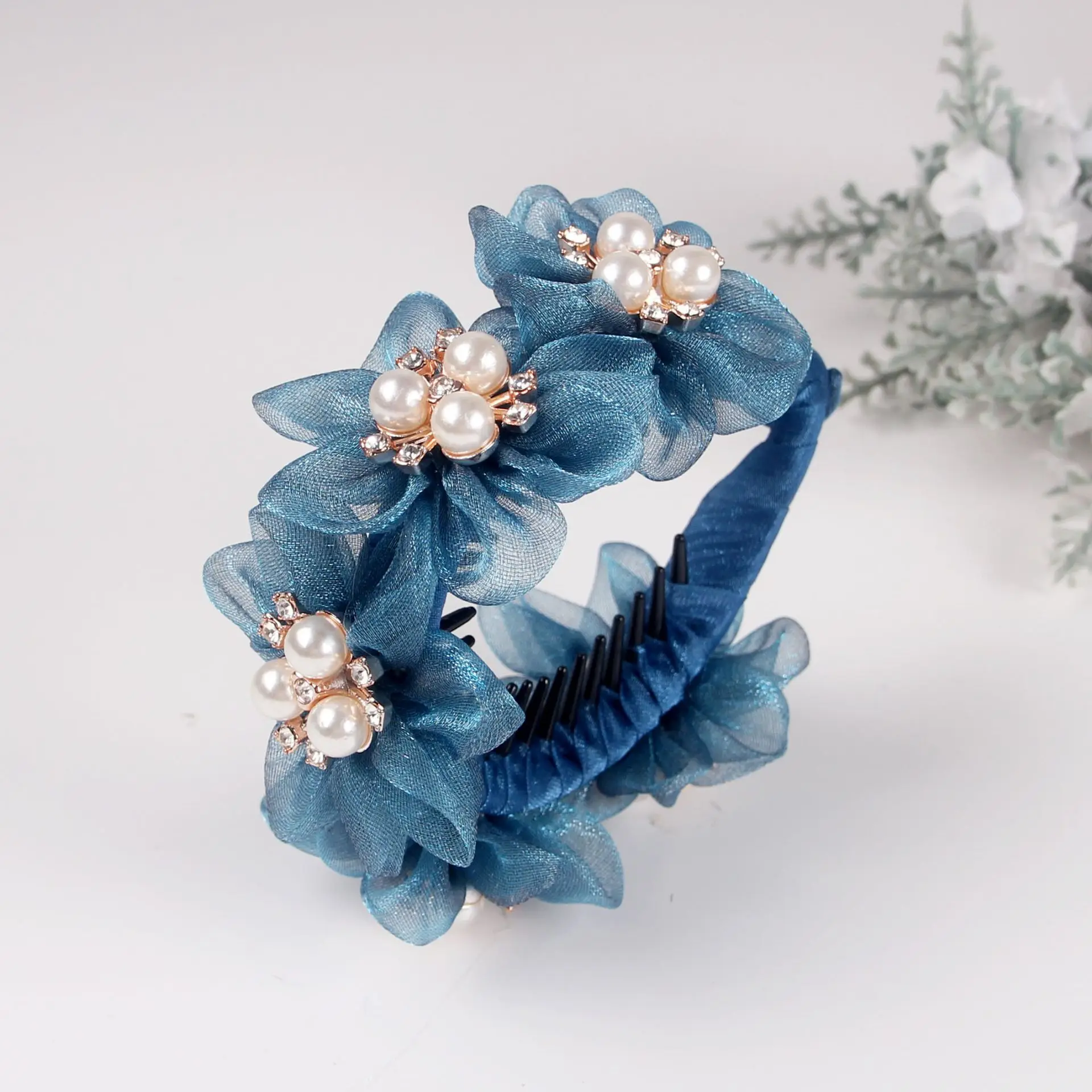 Bando Rambut Sutra Sanggul Jepit Rambut Mode Aksesori Kepang Rambut Wanita Jepit Rambut Pisang Updo Bunga Kepala dengan Bunga untuk Rambut