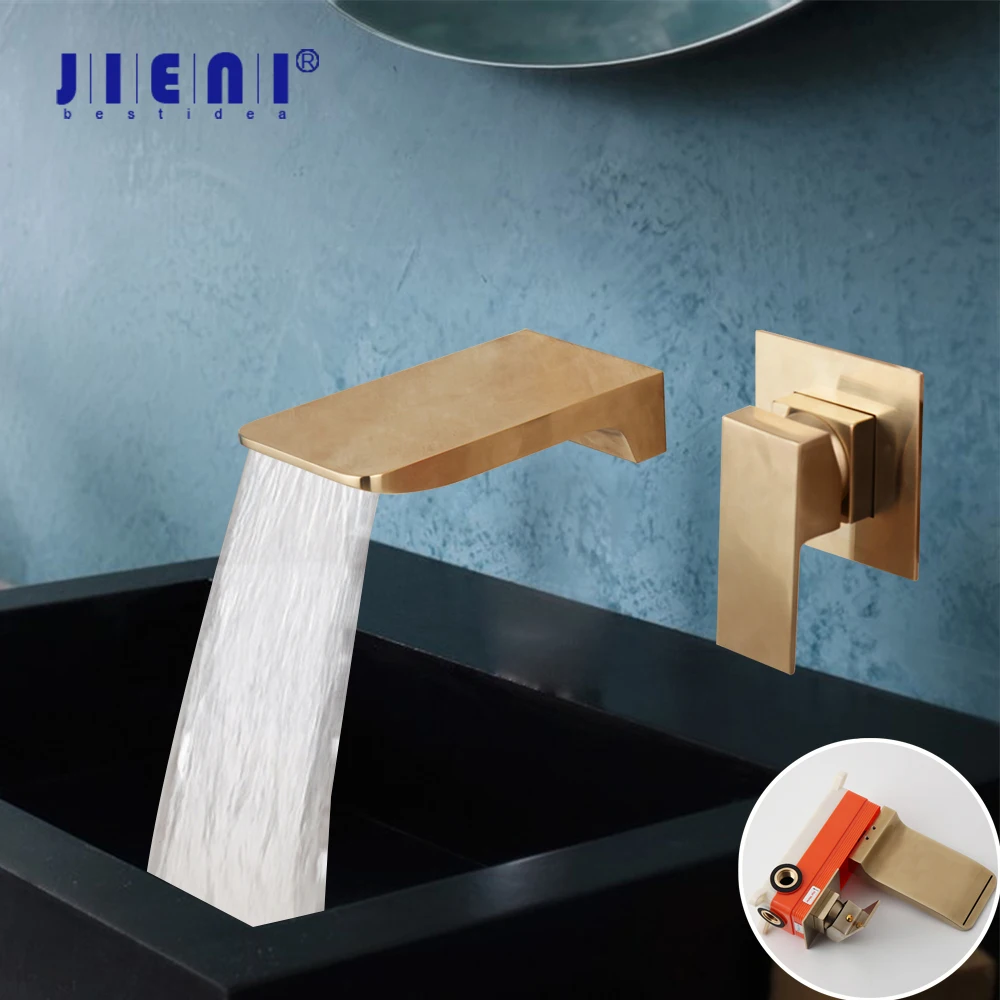 

JIENI Brushed Gold Bathroom Bathtub Faucet Wall Mounted Soild Brass Waterfall Water Basin Sink Wash Bathtub Mixer Tap Faucet Set