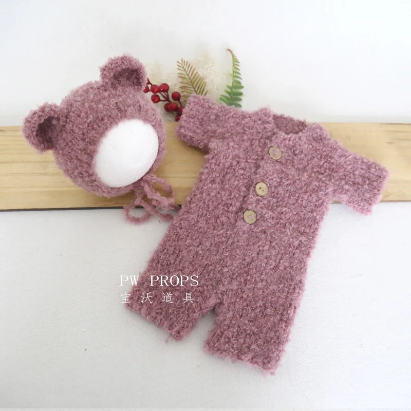 

Vintage Teddy Bear Knitted Newborn Baby Girl Romper Outfit Clothes Dress Photography Props Fuzzy Infant Angora Overall