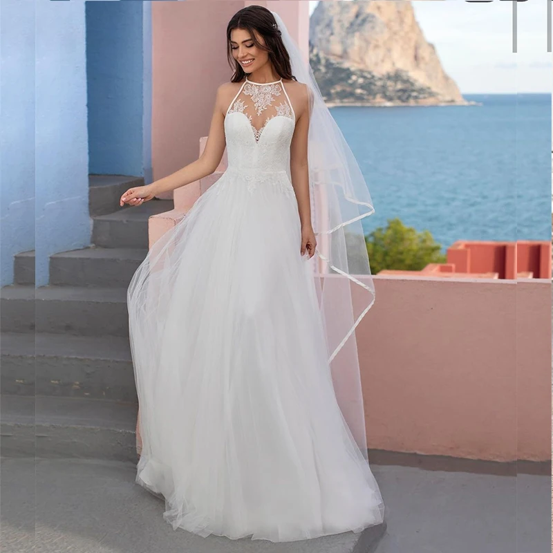 

A-Line Wedding Dress Halter Sweep Train Boho Vintage Bridal Gowns Sleeveless Low Back Cheap Beach Robe De Mariee Charming