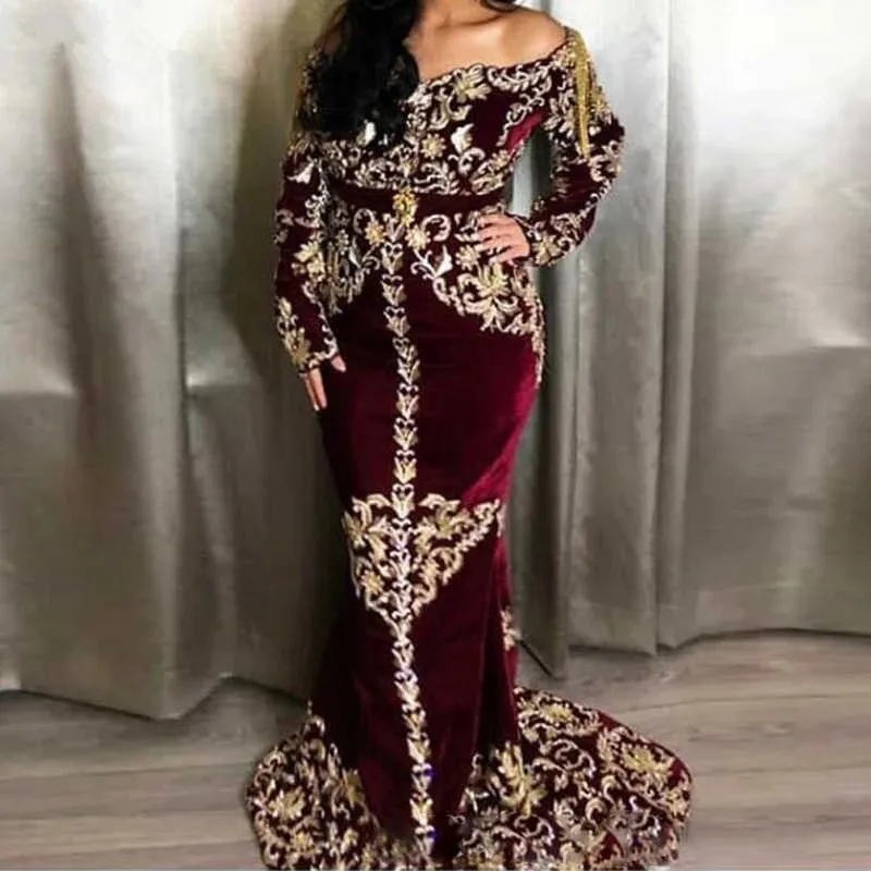 

Burgundy Moroccan Kaftan Caftan Muslim Evening Dresses Mermaid Long Sleeves Appliques Dubai Arabic Abaya Islamic Gown Customized