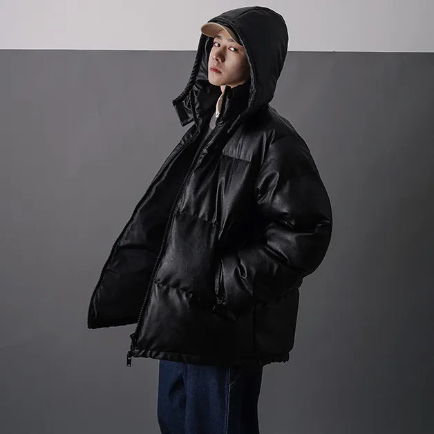 Chaqueta de plumas de cuero japonés para hombre, chaquetas de burbujas negras de Hip Hop, abrigos de pareja, Parka coreana, ropa de calle de invierno