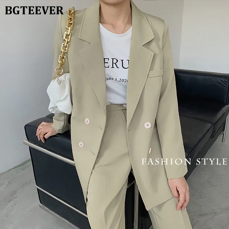 BGTEEVER Vintage Light Green Women Pant Suits Notched Collar Double Breasted Jacket & Straight Pants Ladies 2 Pieces Blazer Set