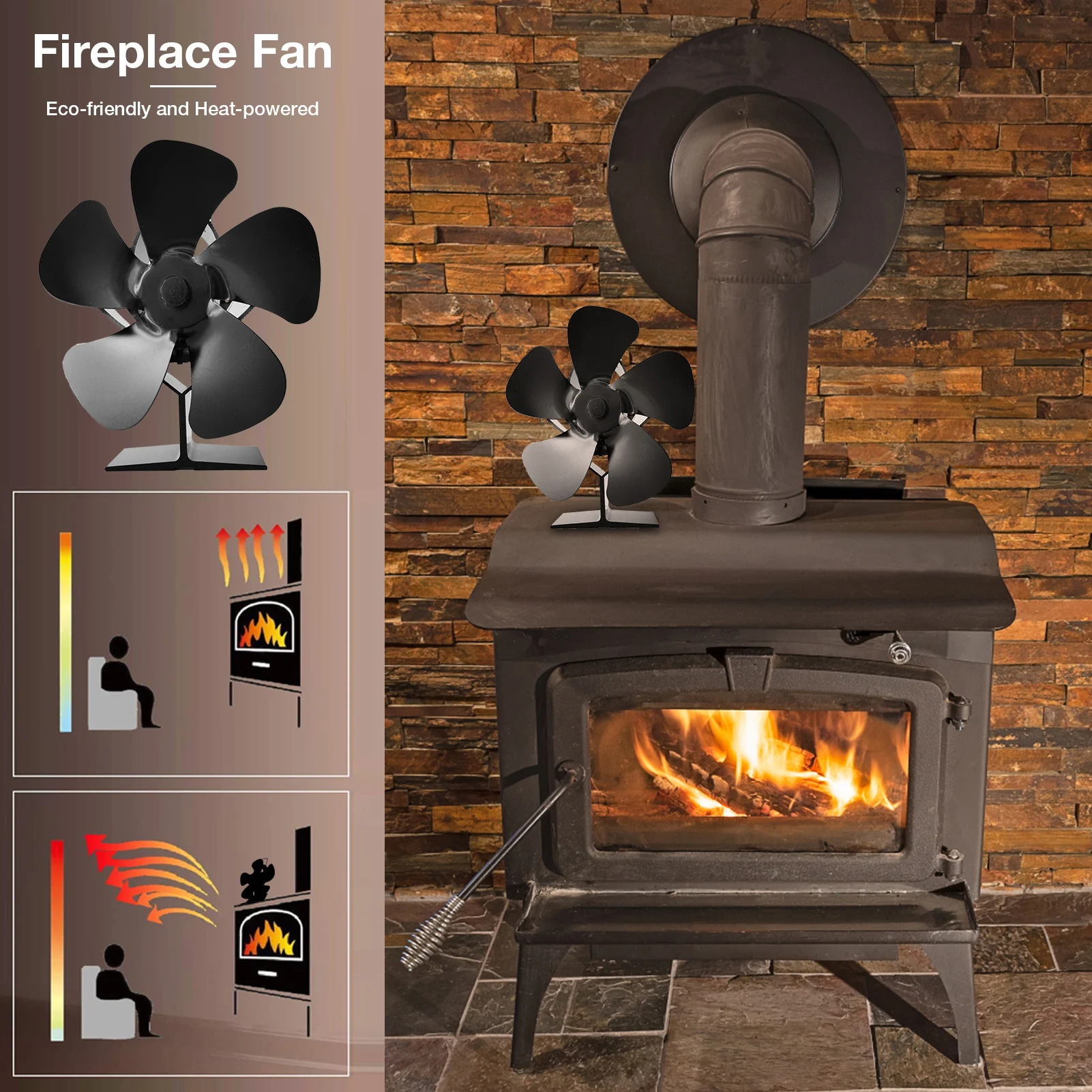 

Black Fireplace 5 Blades Heat Powered Stove Fan Log Wood Burner Eco-fan Quiet Home Fireplace Fan Efficient Heat Distribution