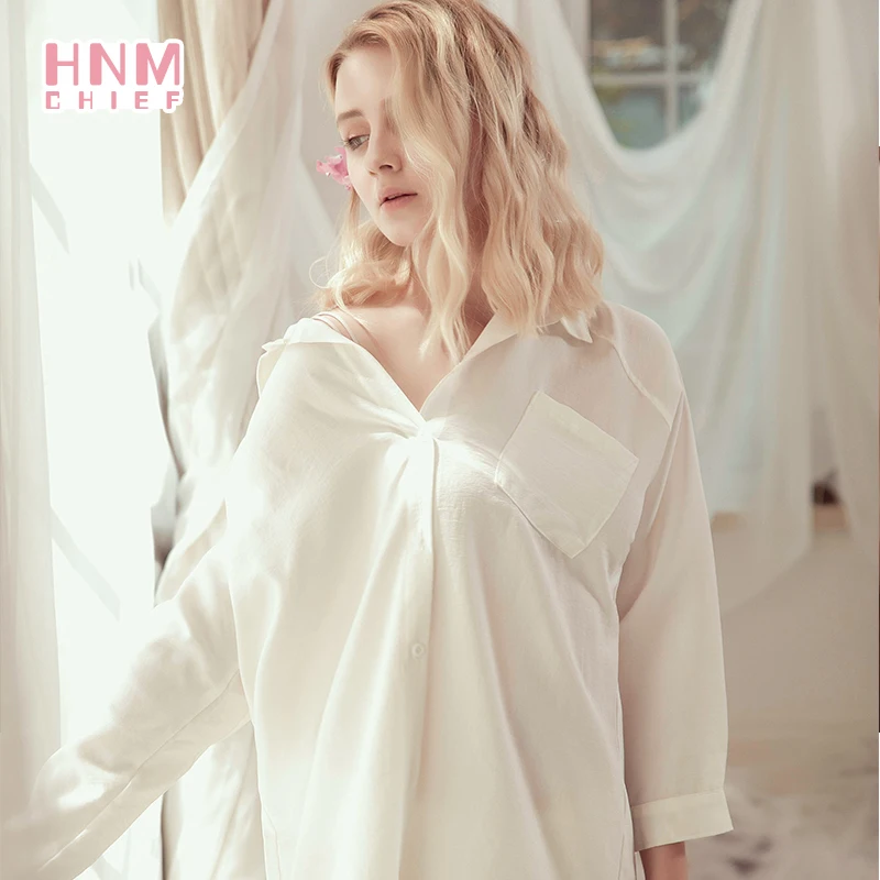 HNMCHIFE White Sleep Shirt Sexy Sleepwear Women Long Sleeve Nightgown Button Down Night shirt Soft Sleep Tops Comfy Pajama Top