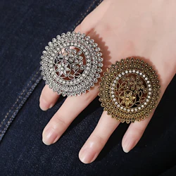 Ethnic Big Silver Color Flower Gold Ring For Women  Wedding Jewelry Gift Vintage Hollow Alloy Zircon Rings