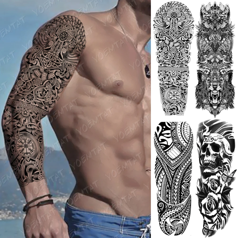 Large Arm Sleeve Tattoo Snake Owl Bear Maori Waterproof Temporary Tatto Sticker Skull Totem Body Art Full Fake Tatoo Women Men