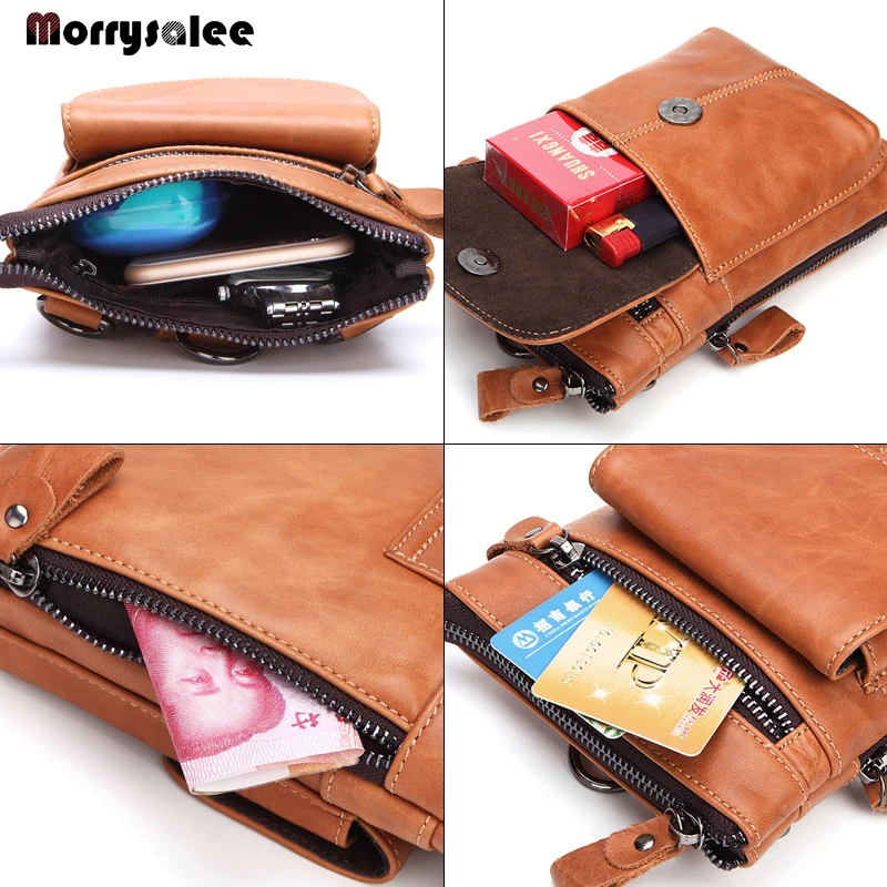 Men's Waist Bag Leather Belted Mobile Phone Bag Waist Packs Three-dimensional Bags Genuine Leather Cow Leather Pillow Fashion