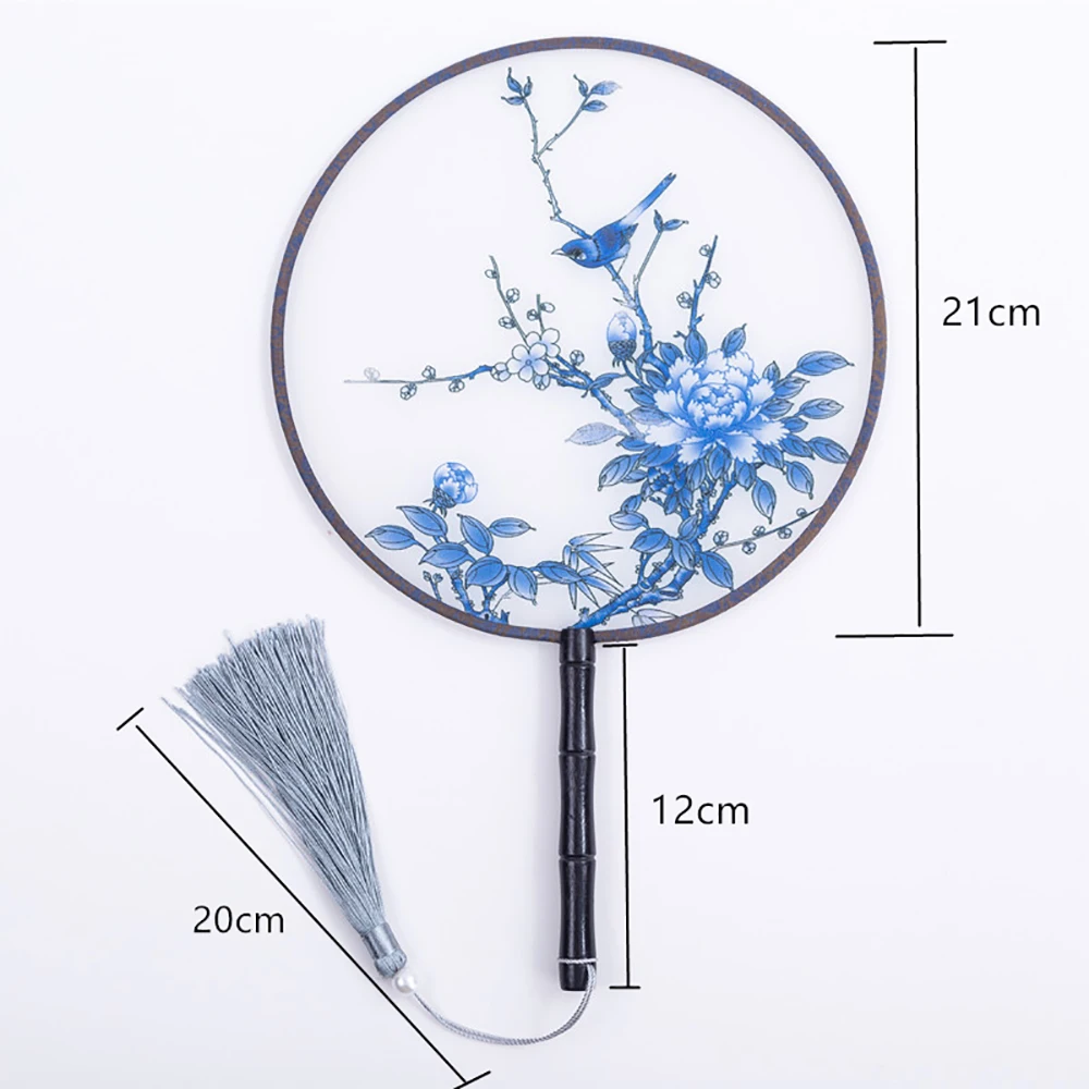 Chinese Style Round Fan with Wooden Handle Portable Printed Vintage Fan Dance Wedding Favors