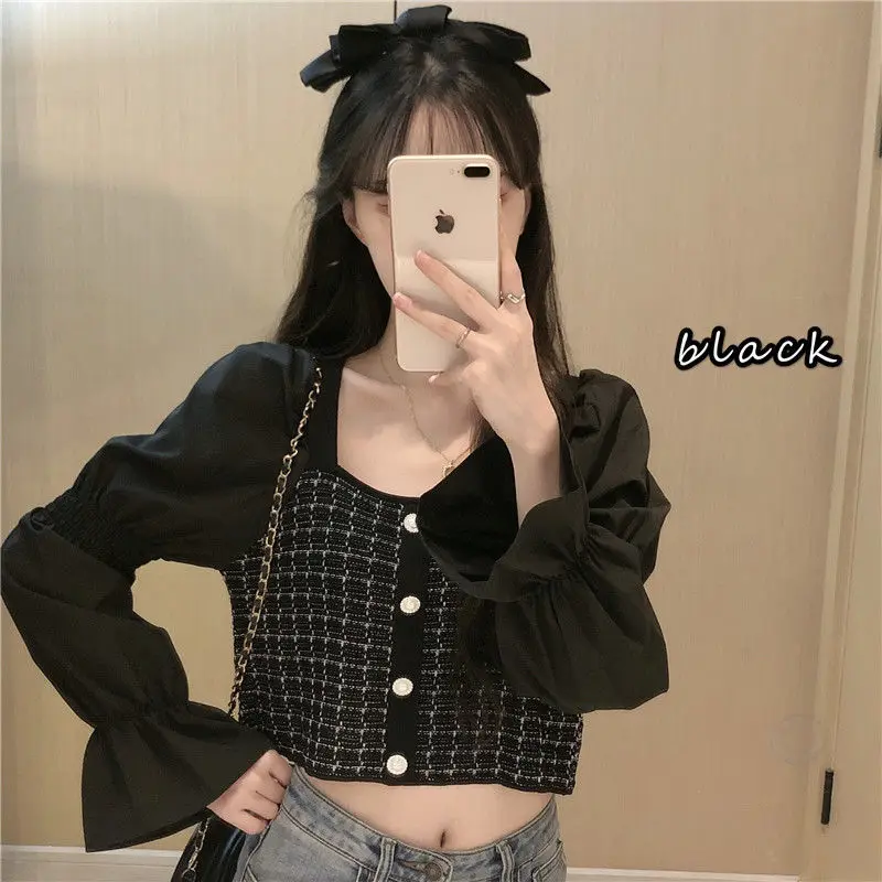 Women's Spring Autumn Lattice Knitwear Puff Sleeve Short Top Woman Sweaters Femme Chandails Pull Hiver