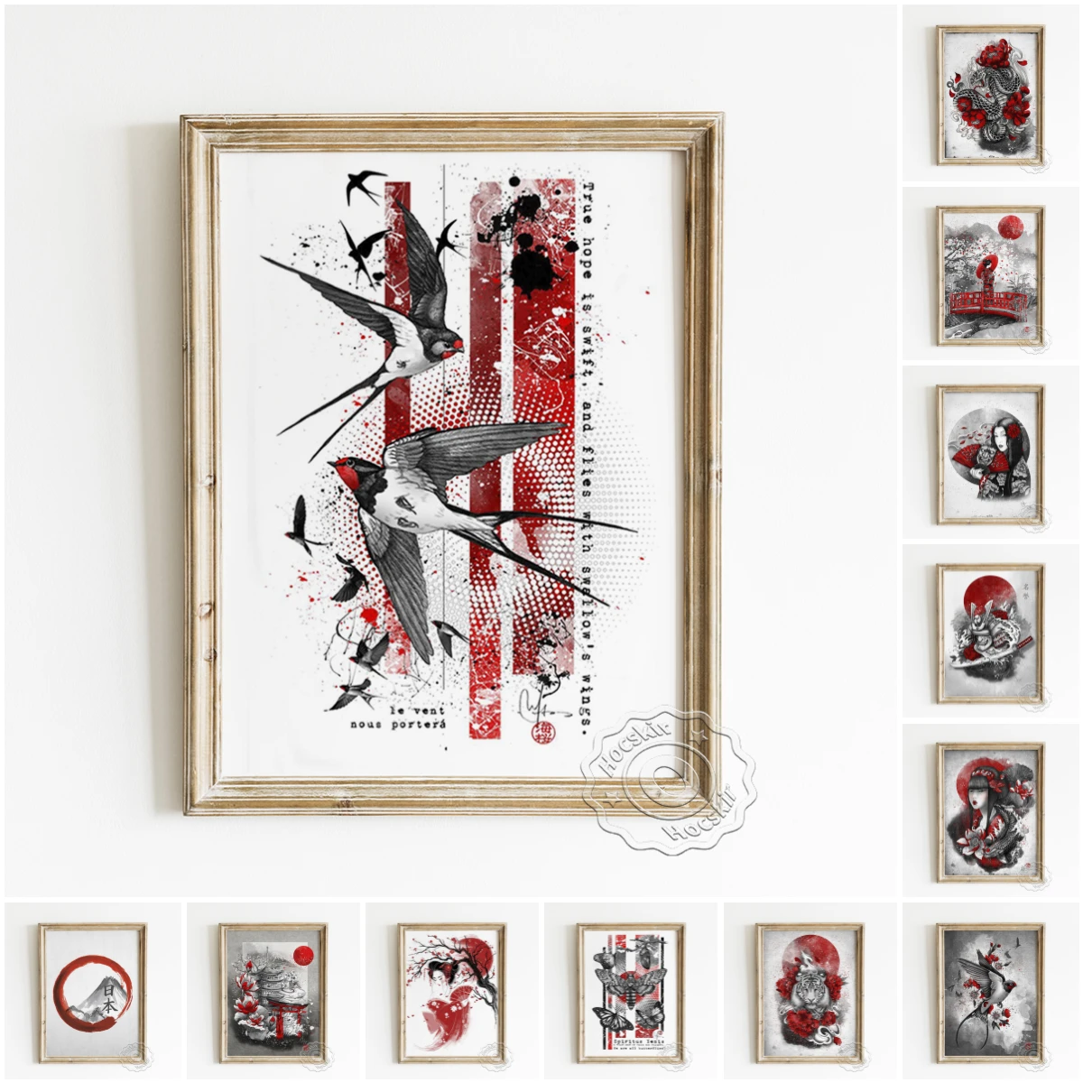 Japanese Black White Ink Painting Art Prints Poster Mount Fuji Nihon Geisha Swallow Sakura Bushido Canvas Wall Stickers Decor