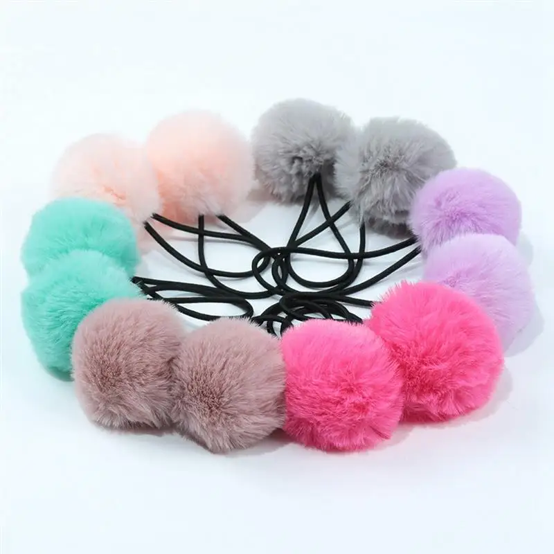 1pc Solid Color Kids Hair Rope Elastic Lovely Plush Pompom Decor Hair Tie Ponytail Holder Hair Accessories For Women Girls