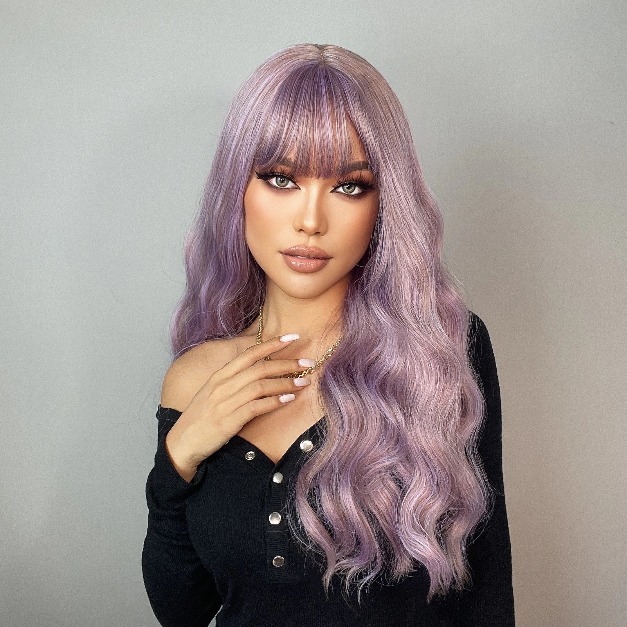 HENRY MARGU Long Wavy Synthetic Wigs with bangs Lolita Cosplay Party Wigs for Women Lilac Purple Brown Afro Natural Hair Wigs