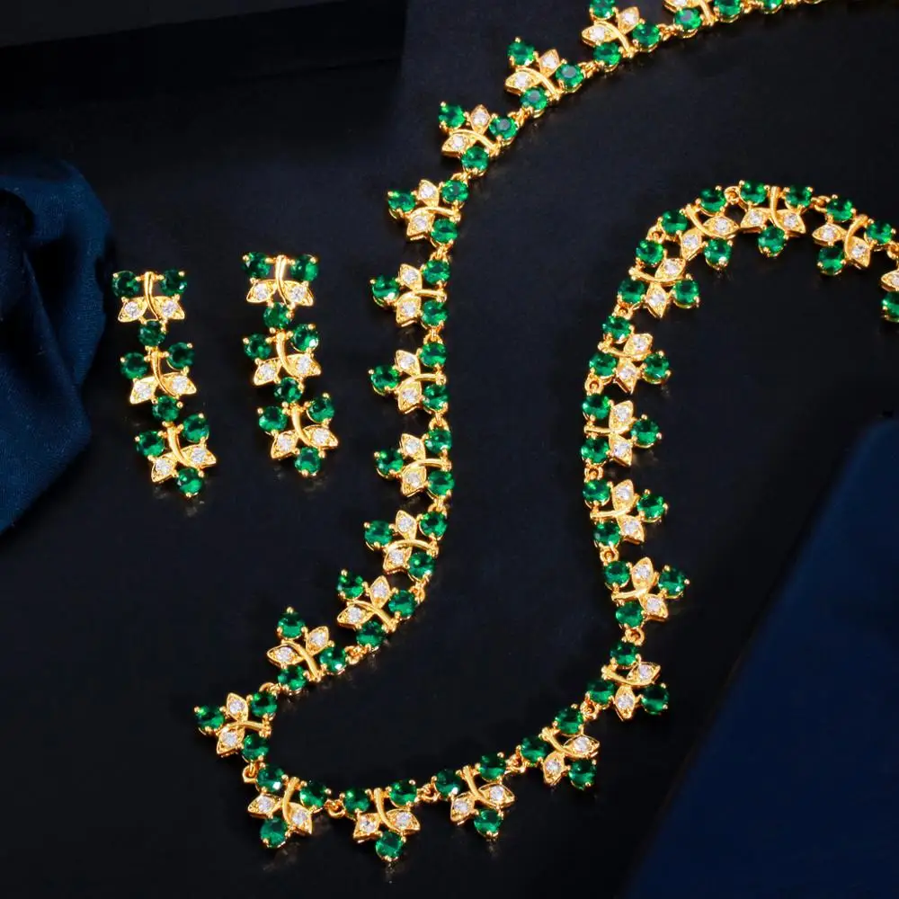 ThreeGraces Natural Green Round CZ Stone Dubai Gold Color Bridal Wedding Necklace Earrings for Brides Banquet Jewelry Sets TZ556