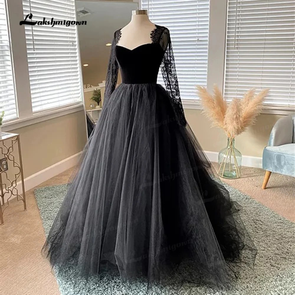 Eenvoudige Gothic Zwarte Trouwjurken 2021 Lange Mouwen Boho A-lijn Bridal Dress Vintage Sweetheart Bruidsjurken Vestido De Novia