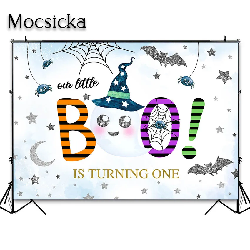 Mocsicka Halloween 1 urodziny tło imprezowe duch w stylu kreskówki mała Boo dekoracja na roczek tło sesja zdjęciowa