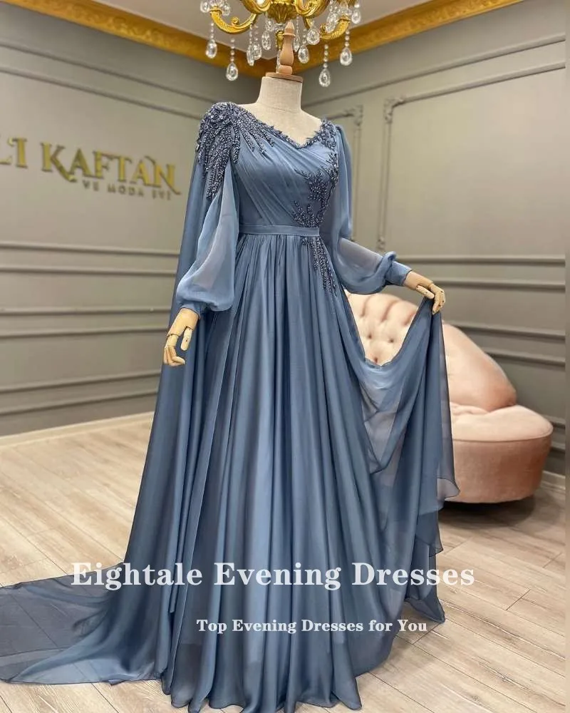 Eightale Dubai Evening Dresses V Neck Beaded Cap Long Sleeves Arabic Prom Gown Muslim Party Dress Customized Plus Size