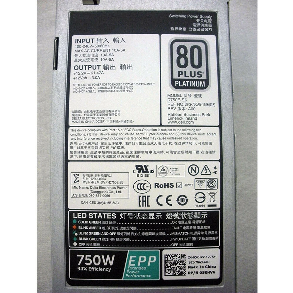 For DELL R630 R730 750W 05RHVV 0W8R3C TH1CT D750E-S6 100% Test Before Delivery
