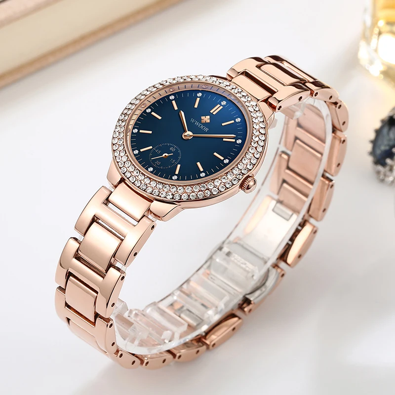 WWOOR Ladies Watches Top Brand Luxury Diamond Rose Gold  Bracelet Watches For Women Stainless Steel Blue Dial Quartz Wrist Watch