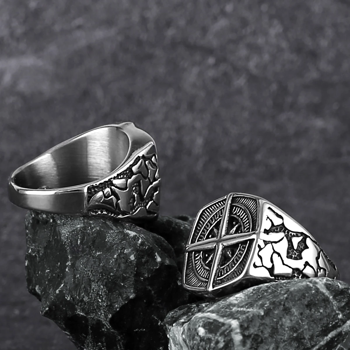 Vikings Cross Nautical Chart Amulet Ring Men\'s Stainless Steel Nordic Rune Ring Gift Biker Punk Hip Hop Jewelry