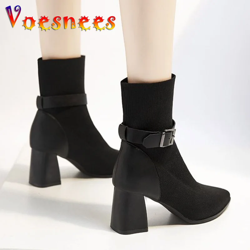 Simple Fashion Stretch Socks Boots Women High Heels Knit Belt Buckle Ankle Boots Sexy Pointed Top Autumn And Winter Thick Shoes