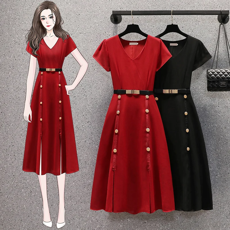 

EHQAXIN Summer Dresses For Women Elegant V-Neck Short Sleeve Chiffon Double Breasted Dress With Metal Belt Hepburn Style L-5XL