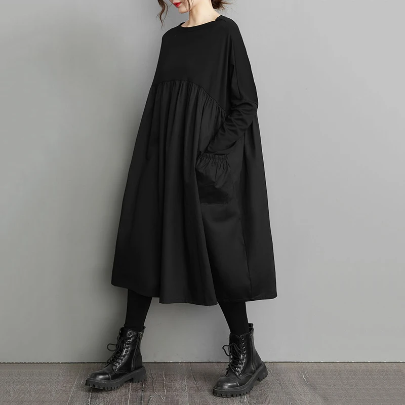 Long Sleeve Black Big Pocket Patchwork Dresses For Women Loose Casual Vintage Dress Fashion Elegant Clothing Spring Autumn 2026