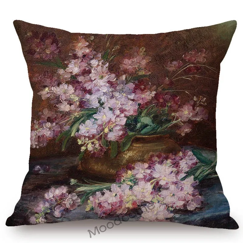 Antique Classic Flower Pot Still Life Oil Painting Art Rose Daffodil Tulip Royal Throw Pillow Cover Cotton Linen Cushion Cover