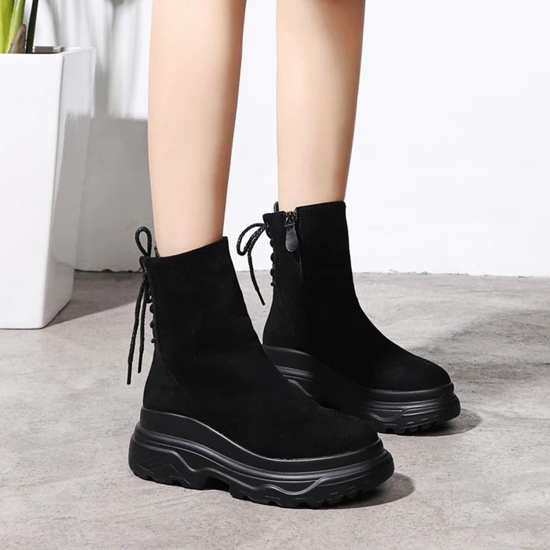 

Women's Ankle Boots 2019 Winter Warm Plush Leather Platform Boots For Woman High Heels Winter Shoes Woman Ankle Boot Female Shoe