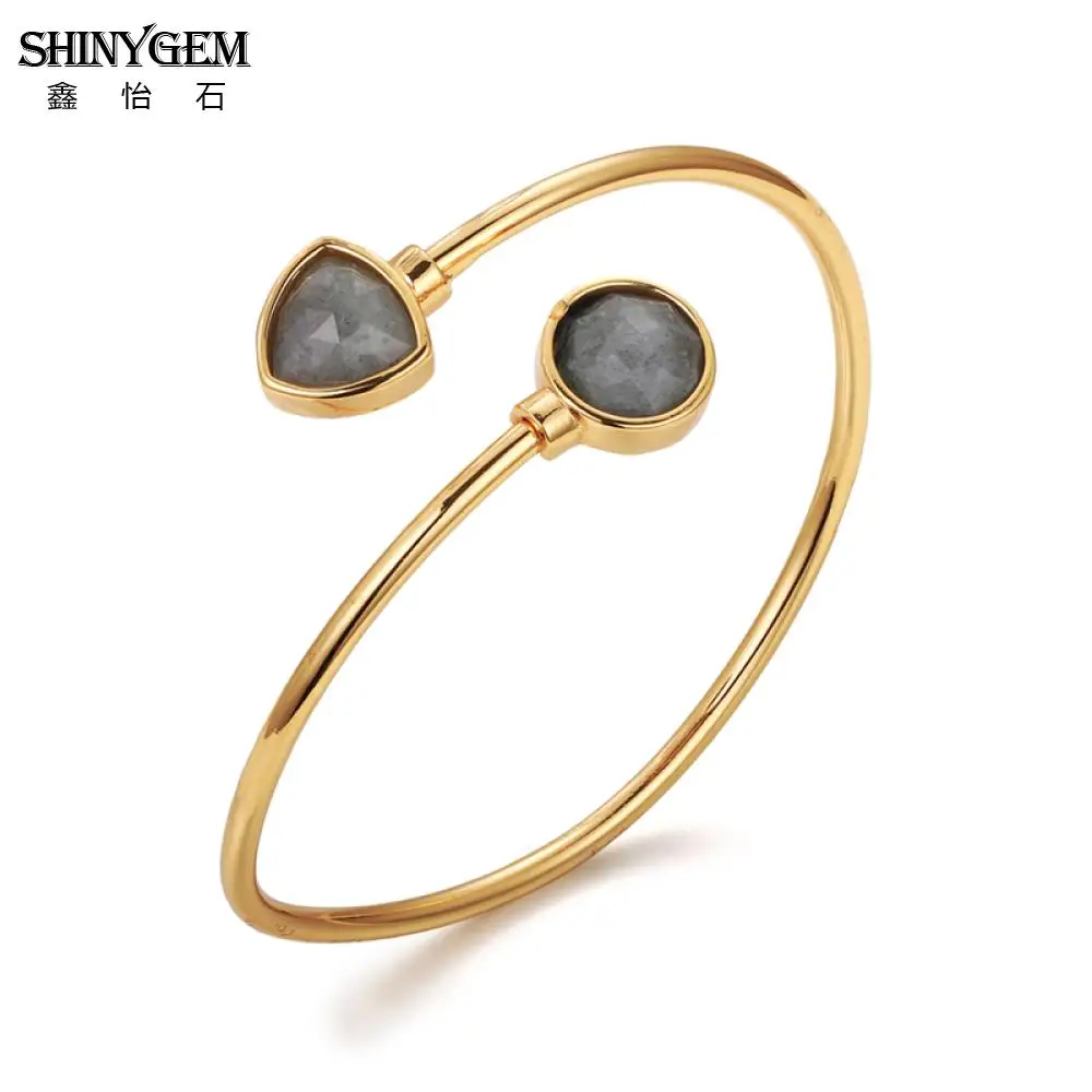 

ShinyGem Trendy Gray Love Heart/Round/Triangle Natural Labradorite Bangles Gold Plating Open Cuff Gem Stone Bracelets For Women