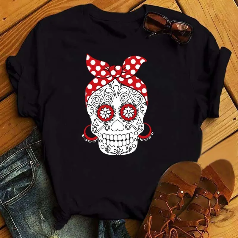 Nowe koszulki damskie Red Spot Turban Skull Fashion Tshirts Summer Clothes Graphic Black Tshirt Top Lady Print Female Tee T-Shirt